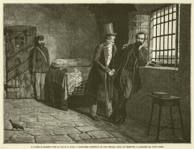 De vader van Mazzini stelt zijn zoon voor de keuze, of blijven in een kleine stad in Piemonte, of de Sardijnse staten verlaten (gravure) door Italian School