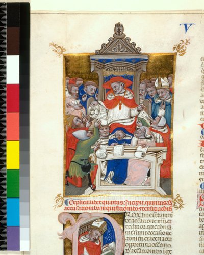 Verlicht manuscript. Novella in Decretales. Begin van Boek V, De accusationibus, inquisitionibus et denuntiationibus, ca. 1355-1365 door Italian School