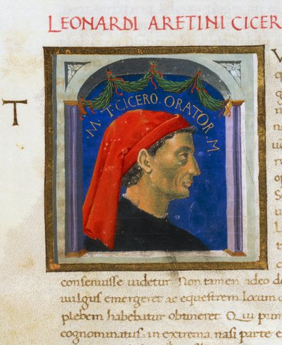 Verlichte pagina met profiel van Cicero, Volume I, links 1, f 303 r, Vitae virorum illustrium, door Plutarchus door Italian School