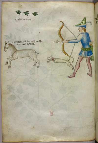 Illustratie van een man met een boog die op een dier schiet, met een hond en vogels erboven, ca. 1440 (inkt en kleur op perkament) door Italian School