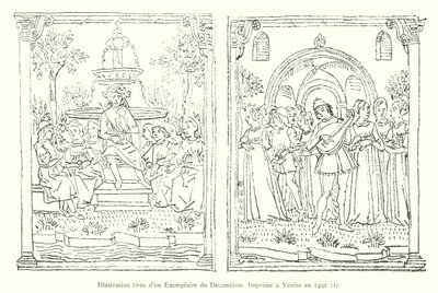 Illustratie uit een exemplaar van de Decameron, gedrukt in Venetië in 1492, I (gravure) door Italian School