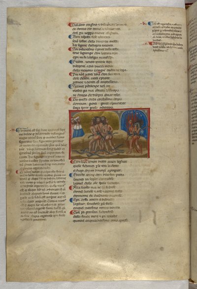 Inferno: Een groep dieven, waarvan één, Vanni Fucci, wordt aangevallen door een draak en verteerd door vlammen (gravure) door Italian School