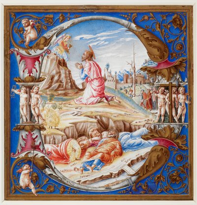 Initiaal D, met de Agonie in de Tuin, uit een koorboek (Add. 74233 A), ca. 1500 (perkament) door Italian School
