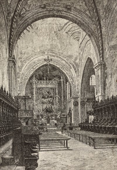 Interieur van de Chiaravalle kerk, Italië, gravure naar tekening van Quinto Michetti, uit L