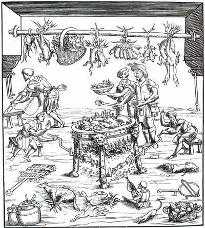 Interieur van een Italiaanse keuken, naar een houtsnede in Banchetti compositioni di Vivende door Christoforo di Messisburgo, gepubliceerd 1549 door Italian School