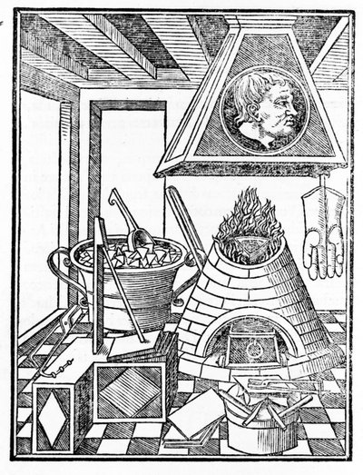 Interieur van een metallurgie werkplaats. Gravure uit 
