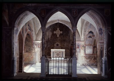 Interieur van pastorie en altaar, grot van Sint-Benedictus (sacro speco) Subiaco door Italian School