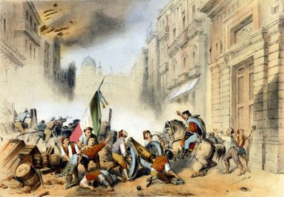 Italiaanse eenheid: op 26/05/1860, Giuseppe Garibaldi, aan het hoofd van zijn Roodhemden, de Duizend, betrad Palermo in Sicilië en gaf een beslissende slag aan het koninkrijk van de Bourbons van Napels. Gravure uit de 19e eeuw door Italian School
