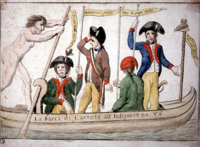 Italiaanse cartoon over Napoleon Caron die Napoleon naar de hel brengt in zijn boot door Italian School