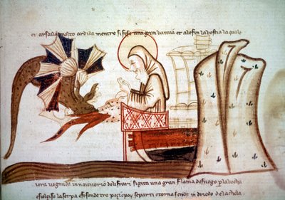 Reis van Sint Brandan - Ontmoeting van Sint Brendan (Brandan), monnik-navigator van de 6e eeuw met een vliegend zeemonster. manuscript Venetië, 2e helft van de 14e eeuw Parijs, BNF, Manuscripten, Italiaans 1708, f. 16 door Italian School