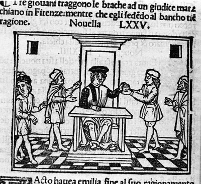 Rechtbankscène in Florence. Illustratie voor het nieuws 75 (Nieuw 5 van de achtste dag) van de 