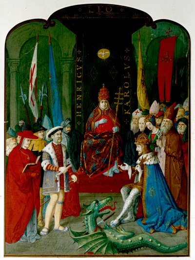 Koning Hendrik VIII in geschil met keizer Karel V voor paus Leo X. Hendrik houdt een rol vast, mogelijk de bul van 1521 die hem de titel 