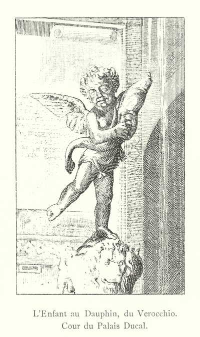 Het kind met de dolfijn, van Verocchio, Hof van het Hertogelijk Paleis (gravure) door Italian School