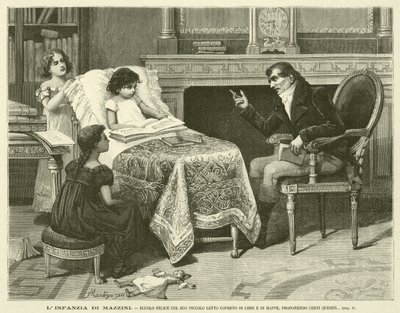 De jeugd van Mazzini, gelukkig met zijn kleine bed bedekt met boeken en kaarten, bepaalde vragen stellend (gravure) door Italian School