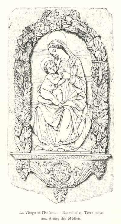 De Maagd en het Kind, Bas-reliëf in Terracotta met de Wapens van de Medici (gravure) door Italian School