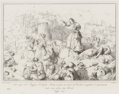 De vrouw van majoor Battaglia Motta, leidt de vrouwen van Candia om te helpen bij de reparatie van... (gravure) door Italian School
