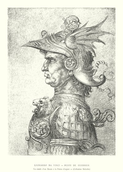 Leonardo da Vinci, Buste van een Krijger, Facsimile van een Tekening met Zilveren Punt, Collectie Malcolm door Italian School