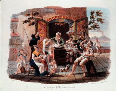 Kleine Napolitaanse handel: een verkoper van gekookte macaroni. In de verte de Vesuvius aan de baai van Napels. Lithografie uit de 19e eeuw. Museo Nazionale delle Paste Alimentari, Fondazione Agnesi, Rome door Italian School