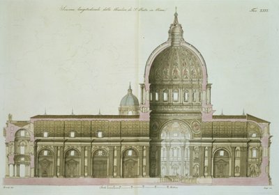 Lengtedoorsnede van St. Pieter in Rome, plaat 26 uit Deel III van De Geschiedenis van de Naties, gegraveerd door G. Lago door Italian School