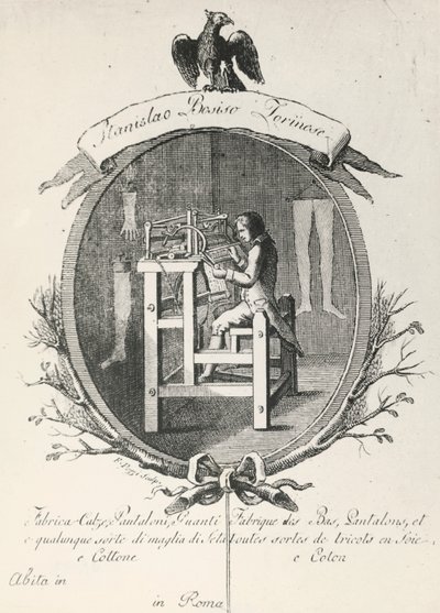 Weefgetouw voor het maken van sokken, broeken en handschoenen, gravure voor posterreclame van het bedrijf Stanislaus Bosiso, Italië door Italian School