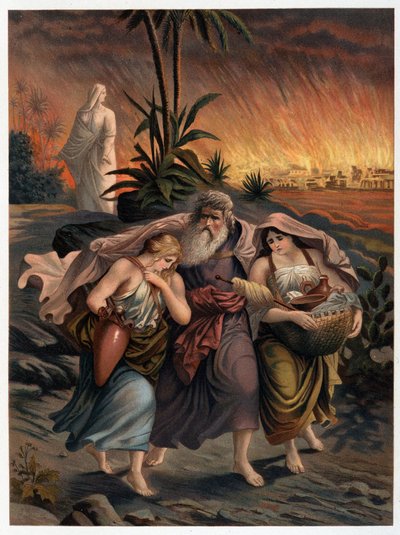 Lot ontsnapt aan de vernietiging van Sodom met zijn twee dochters en zijn vrouw verandert in een zoutpilaar - in "Aurea Bibbia classica: storia della rivelazione divina nell