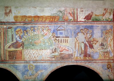 Het Laatste Avondmaal en Christus wast de voeten van de discipelen, uit het centrale schip, School van Monte Cassino door Italian School