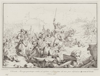 Luigi Leonardo Mocenigo, hoewel oud en ziek, laat zich door zijn mannen dragen om te verdedigen (gravure) door Italian School