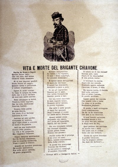 Liedtekst van een populair lied over de rovers van Chiavone door Italian School