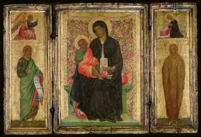 Madonna en Kind op de troon met (L-R) St. Johannes de Doper met de Engel van de Annunciatie boven en St. Maria Magdalena met de Maagd Annunciate boven, c.1360-70 door Italian School