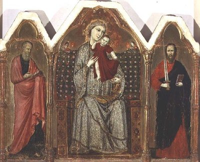 Madonna en kind op de troon, met HH. Johannes de Evangelist en Paulus, Riminese School (drieluik paneel) door Italian School