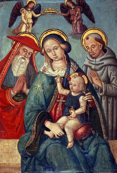 Madonna en Kind gekroond door twee Engelen, met St. Hiëronymus en St. Franciscus, c.1500 door Italian School