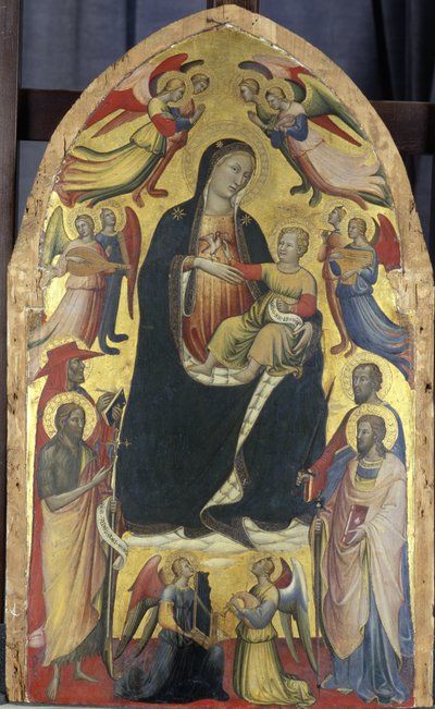 Madonna en Kind op een troon van wolken met heiligen en engelen, ca. 1415-20 door Italian School