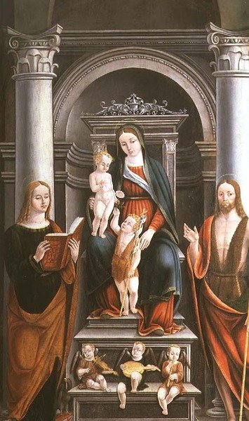 Madonna en Kind ontvangen een roos van de jonge St. Johannes de Doper, met heiligen en engelen door M.B. (monogram) door Italian School