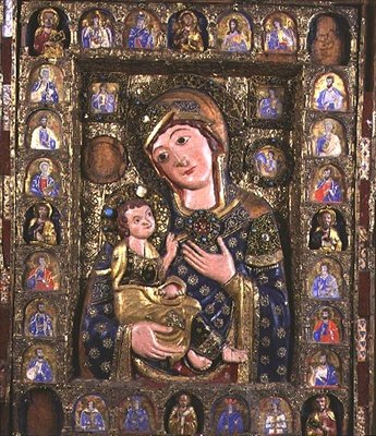 Madonna en Kind met Evangelisten en Profeten, centraal paneel van drieluik (detail) door Italian School