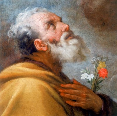 Madonna en Kind met heiligen Jozef en Gregorius de Grote en de zielen van het Vagevuur (detail van het gezicht van St. Jozef) door Italian School