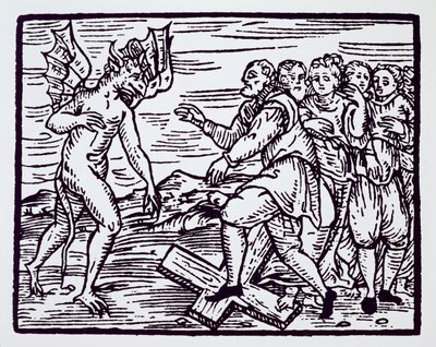 Mannelijke heks die Christus afzweert, kopie van een illustratie uit Compendium Maleficarum door Fr M Guaccius, Milaan 1608, gebruikt in History of Magic, gepubliceerd eind 19e eeuw door Italian School