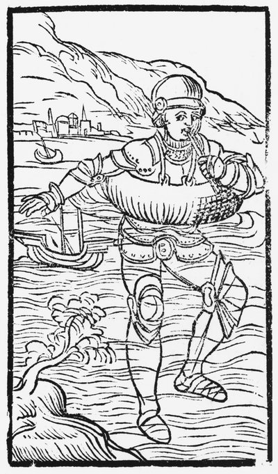 Man met een reddingsboei, illustratie uit Historia de Gentibus Septentrionalibus door Olaus Magnus (1490-1558), gepubliceerd in Rome, 1555 door Italian School