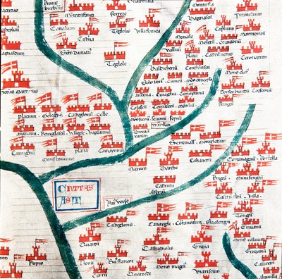 Kaart met de gemeenten die behoren tot de stad Asti in de 13e eeuw. Miniatuur uit Codex Astensis (of Malabayla), kronieken over de stad Asti tussen 1065 en 1353. 14e eeuw. Bewaard in het stadhuis van Asti door Italian School