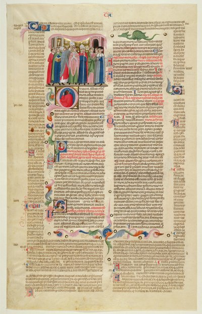 Marlay Cutting IT.7: Blad met miniatuur uit Gratians Decretum met de zaak van de abt die bisschop werd door Italian School