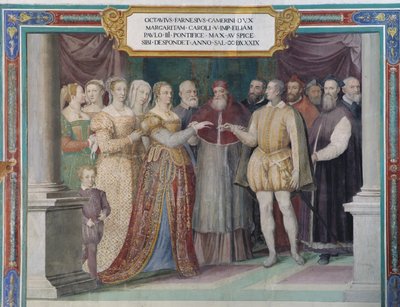 Huwelijk van Ottavio Farnese en Margaretha van Oostenrijk, dochter van Karel V, door paus Paulus III Farnese door Italian School