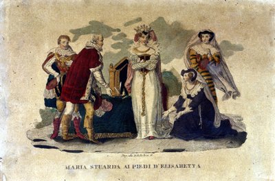 Mary Stuart aan de voeten van Elizabeth I, in de opera Maria Stuarda van Gaetano Donizetti, 1810 door Italian School