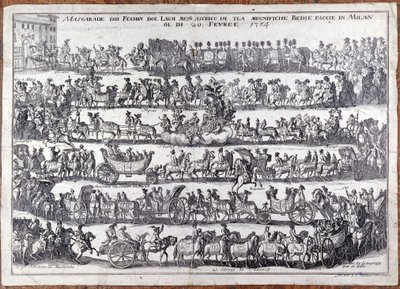 Maskerade: processie en dans van mensenmaskers ter gelegenheid van carnaval. Milaan 20/02/1764. Gravure uit de 18e eeuw door Italian School