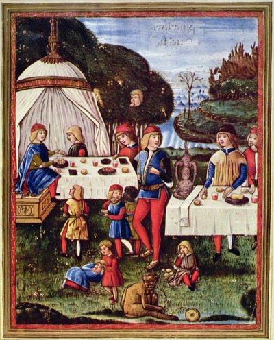 Maximiliaan Sforza als kind aan het eten in de tuin, illustratie uit een kopie van 