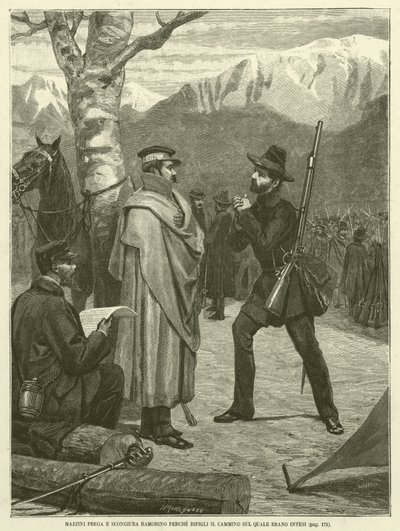 Mazzini bidt en smeekt Ramorino om de weg te hervatten waarop ze het eens waren (gravure) door Italian School