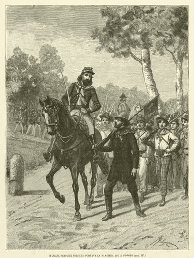 Mazzini, eenvoudige soldaat, droeg de vlag God en Volk (gravure) door Italian School