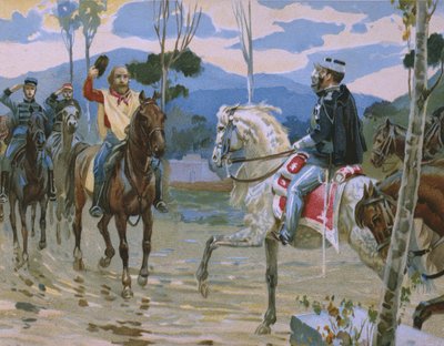 Ontmoeting tussen Giuseppe Garibaldi en koning Victor Emmanuel II (1820-78) op 26 oktober 1860 in Teano, illustratie uit een album over de geschiedenis van Risorgimento gemaakt voor de chocolade Talmone, eind 19e eeuw door Italian School