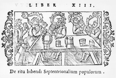 Mannen drinken, illustratie uit Historia de Gentibus Septentrionalibus door Olaus Magnus (1490-1558), gepubliceerd in Rome, 1555 door Italian School
