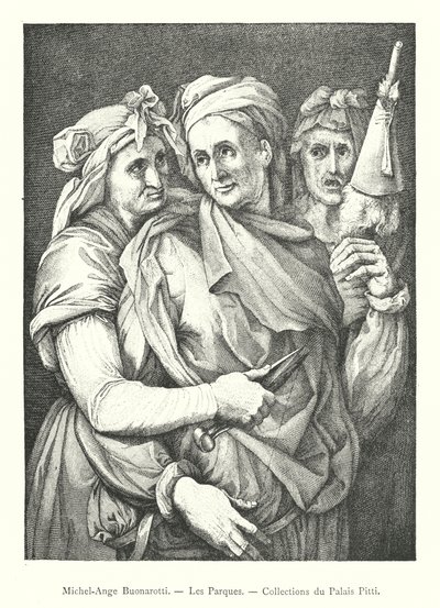 Michelangelo Buonarroti, De Parcen, Collecties van het Pitti-paleis (gravure) door Italian School