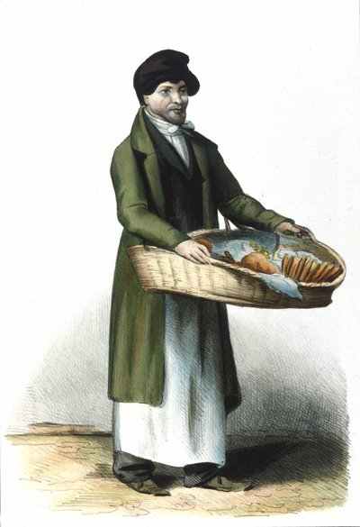 Milanese beroep: een verkoper van koekjes en taarten. Gravure uit 1830 Locarno. door Italian School
