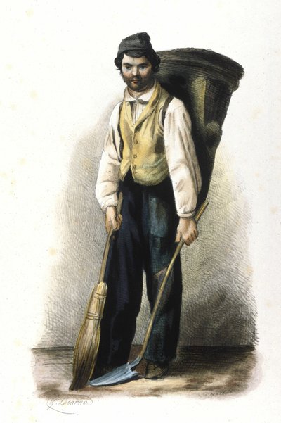 Milanese beroep: een straatveger. 1830 Locarno gravure door Italian School